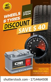 Tire shop vector banner of car wheel tyres and sale price offer. Car battery. Tire shop, spare parts and auto service discount promotion design. Tyre car advertisement poster. 