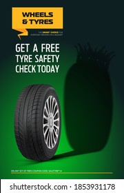 Tire shop vector banner of car wheel tire with tread track and sale price offer. Tyre shop, spare parts and auto service discount promotion design. Black rubber tire. Realistic vector shining disk car