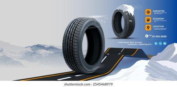 Tire shop vector banner of car wheel tyres with tread track price offer. Tire shop, spare parts and auto service discount promotion design. Editable graphic layout. Winter sale.