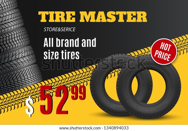 Tire shop vector banner of car wheel\
tyres with tread track and sale price offer. Tire shop, spare parts\
and auto service discount promotion\
design