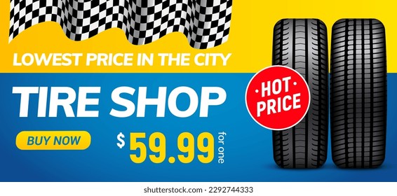 Tire shop voucher banner. Tyre sale automotive winter wheel flyer vector service poster design