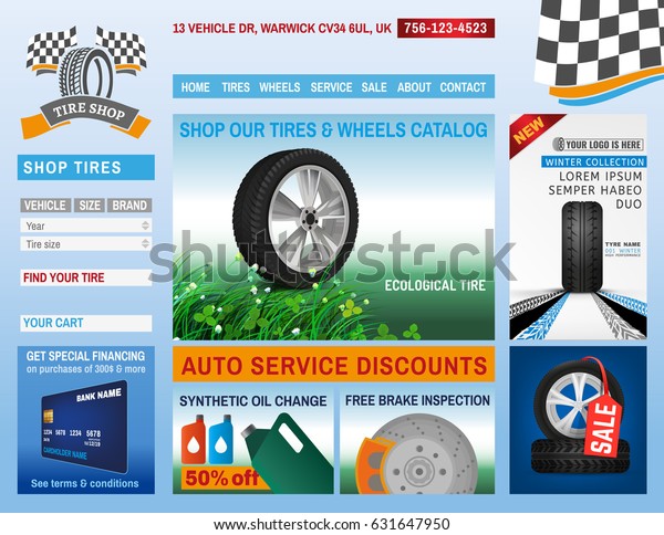 Tire shop website idea. Ready to use vector\
illustration with different elements - company logo, web banners\
and product promotions.