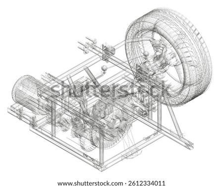 A tire is shown in a black and white drawing. The tire is shown in a very detailed manner, with the spokes and the tread visible. The drawing conveys a sense of precision and accuracy. Isometric view