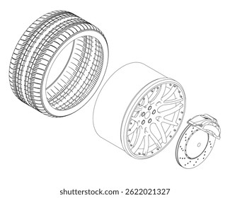 A tire is shown with a rim and a brake. The tire is black and the rim is silver. The brake is shown as a small part of the tire. Isometric view