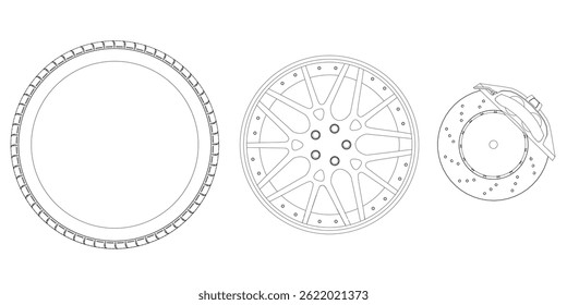 A tire is shown with a rim and a brake. The tire is black and the rim is silver. The brake is shown as a small part of the tire. Isometric view