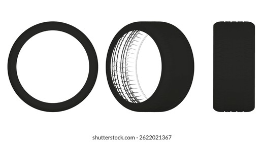A tire is shown in three different views. The tire is black and has a white rim. The tire is shown from the side, top, and bottom