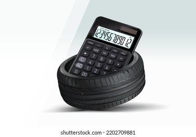 Tire Size Calculator. Choosing and buying tires online concept. Isolated. Modern calculator inside a car rubber tire. Advertising banner for web, brochure, leaflet. Horizontal.