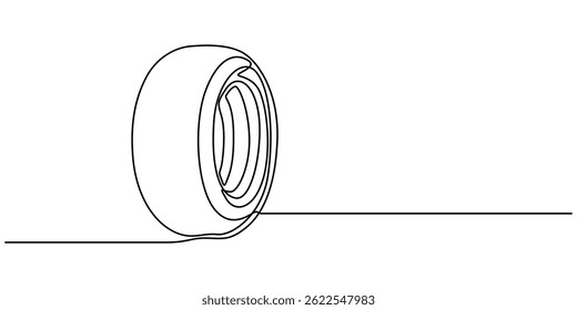 Tire sketch. One line continuous hand drawing. Outline, line art vector illustration, Continuous one line drawing car tires with alloy wheel rim, tire fitting service and sale advertisement poster.