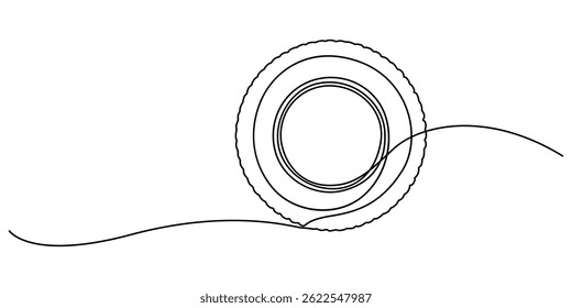 Tire sketch. One line continuous hand drawing. Outline, line art vector illustration, Continuous one line drawing car tires with alloy wheel rim, tire fitting service and sale advertisement poster.