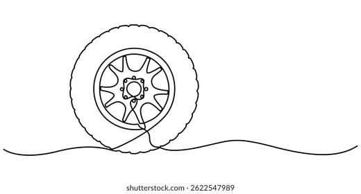 Tire sketch. One line continuous hand drawing. Outline, line art vector illustration, Continuous one line drawing car tires with alloy wheel rim, tire fitting service and sale advertisement poster.
