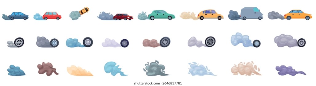  Tire smoke icons set. Different cars and wheels are emitting smoke and exhaust fumes, representing air pollution and environmental damage