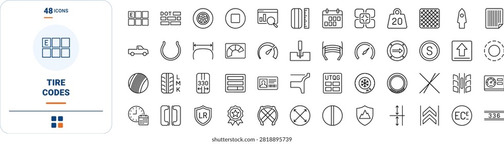 Tire specification sidewall coding line icon set covering numbers, code, sizing, and dimensions concepts, thin linear illustration.