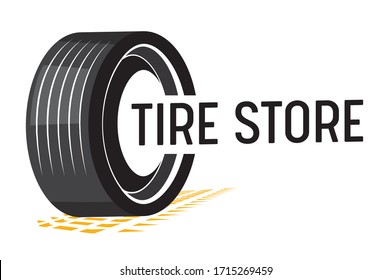 Tire Store Banner with Car Tyre, Tread Track and Black Typography on White Background. Transportation and Vehicles Parts, Accessories and Equipment Retail Service. Vector Illustration, Icon, Label