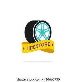 Tire store vector logo template isolated on white background, color tire, wheel with disk with tirestore yellow ribbon symbol, flat tire icon design, creative emblem, trendy brand sign