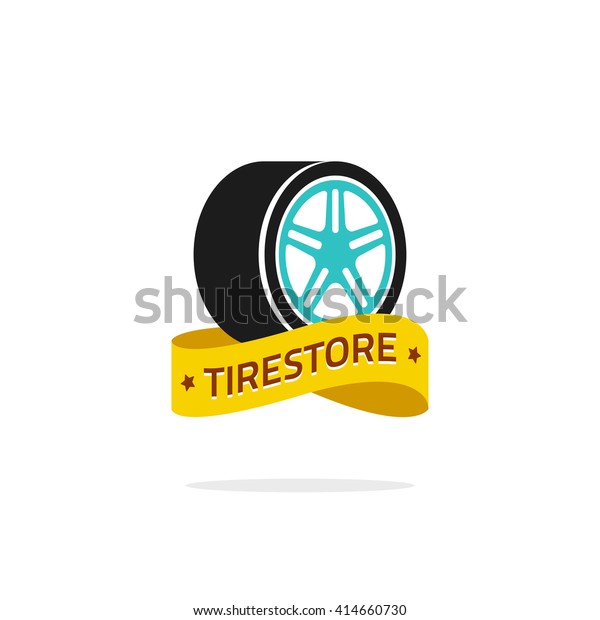 Tire\
store vector logo template isolated on white background, color\
tire, wheel with disk with tirestore yellow ribbon symbol, flat\
tire icon design, creative emblem, trendy brand\
sign