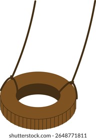 Um balanço de pneu pendurado em cordas em um estilo plano. A imagem mostra um balanço circular suspenso por duas cordas. Ilustração de vetor de desenhos animados.