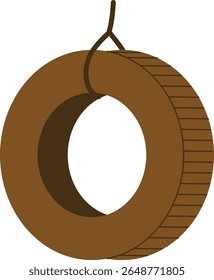Um balanço de pneu suspenso por uma corda em um estilo plano. A imagem mostra um pneu circular com uma superfície texturizada pendurada em um cabo. Ilustração de vetor de desenhos animados.