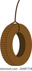 Uma oscilação de pneu é suspensa de uma corda em um estilo de vetor plano. A ilustração representa um pneu redondo com uma superfície texturizada presa a um cabo suspenso. Ilustração de vetor de desenhos animados.