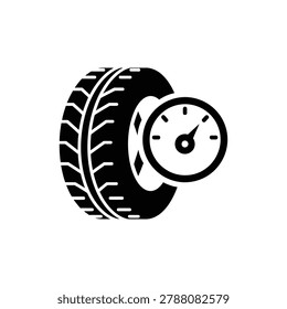 Tire temperature icon with thermometer inside tire silhouette, black