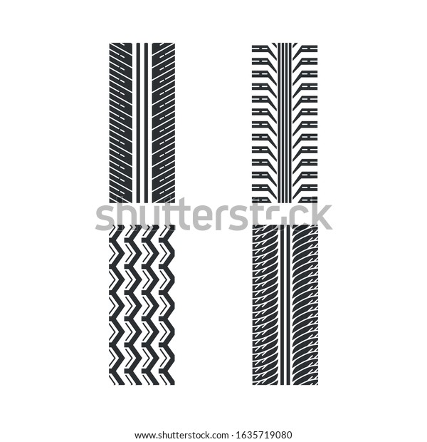 Tire textures black glyph icons set on white\
space. Detailed automobile, motorcycle, bike tyre marks. Car summer\
and winter wheel trace. Tire trail. Silhouette symbols. Vector\
isolated illustration