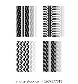 Tire textures drop shadow black glyph icons set. Detailed automobile, motorcycle, bike tyre marks. Car summer and winter wheel trace. Vehicle tire trail. Isolated vector illustrations on white space