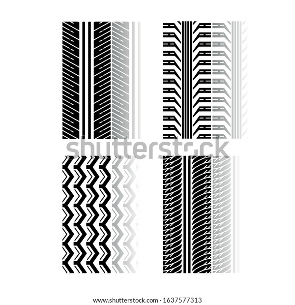 Tire textures drop shadow black glyph icons set.\
Detailed automobile, motorcycle, bike tyre marks. Car summer and\
winter wheel trace. Vehicle tire trail. Isolated vector\
illustrations on white\
space