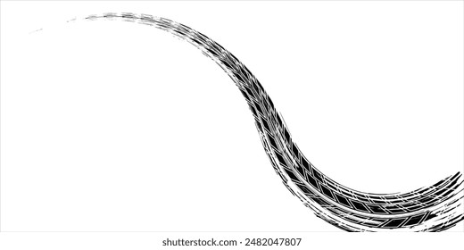 Tire trace track. Abstract wheels braking distances, tread silhouettes brushes. Isolated car or motorcycles vector trails. Tire vehicle, road track rubber, transportation texture illustration