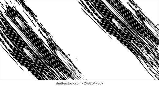 Tire trace track. Abstract wheels braking distances, tread silhouettes brushes. Isolated car or motorcycles vector trails. Tire vehicle, road track rubber, transportation texture illustration