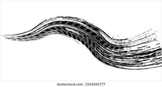 Pista de rastro de neumáticos. Ruedas Abstractas, distancias de frenado, siluetas de la banda de rodadura. Senderos aislados del Vector del coche o de las motocicletas 