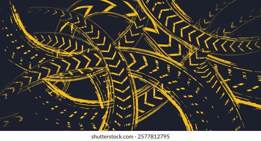 Tire trace track. Abstract wheels braking distances, tread silhouettes brushes. Isolated car or motorcycles vector trails.