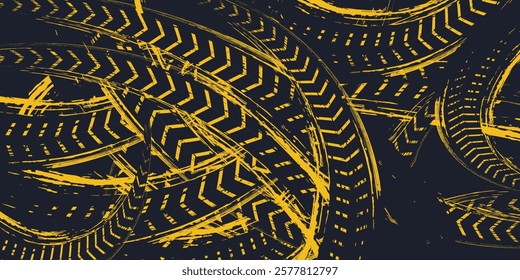 Tire trace track. Abstract wheels braking distances, tread silhouettes brushes. Isolated car or motorcycles vector trails.