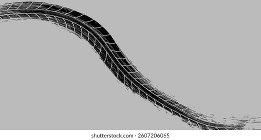 Tire trace track. Abstract wheels braking distances, tread silhouettes brushes. Isolated car or motorcycles vector trails. Tire vehicle, road track rubber, transportation texture