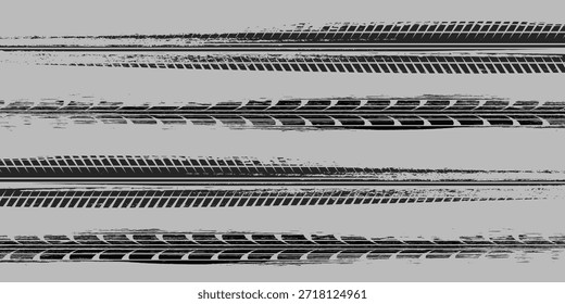 Pista de rastro de neumáticos. Ruedas Abstractas, distancias de frenado, siluetas de la banda de rodadura. Senderos de Vector aislados para automóviles o motocicletas. eps10 Vector	
