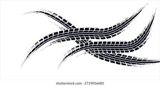 Pista de rastro de neumáticos. Ruedas Abstractas, distancias de frenado, siluetas de la banda de rodadura. Senderos de Vector aislados para automóviles o motocicletas. Vehículo del neumático, caucho de la pista de carretera, textura del transporte