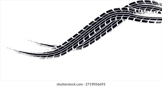 Pista de rastro de neumáticos. Ruedas Abstractas, distancias de frenado, siluetas de la banda de rodadura. Senderos de Vector aislados para automóviles o motocicletas. Vehículo del neumático, caucho de la pista de carretera, textura del transporte