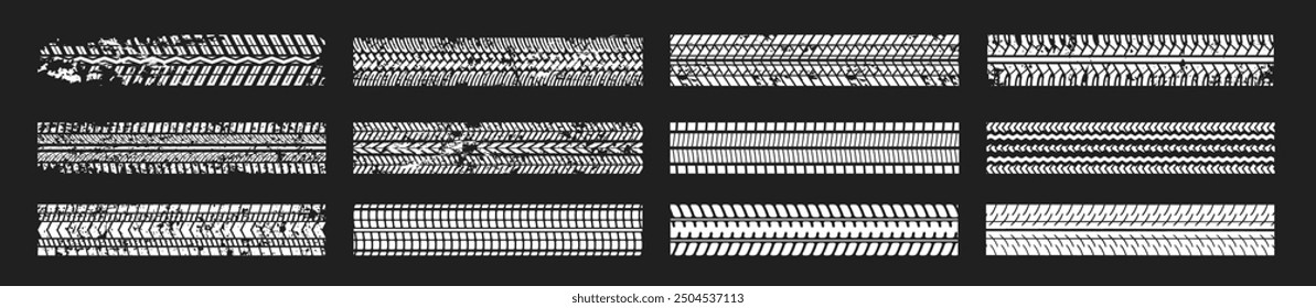 Pista de rastro de neumáticos. Conjunto de Pistas de neumáticos de coche sin costura aisladas sobre fondo transparente. Pistas de neumáticos Grunge. Rastros de caucho automotriz.