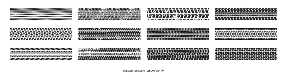 Tire trace track. Set of seamless car tire tracks isolated on transparent background. Grunge tire tracks. Trace of automotive rubber.