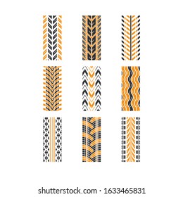 Tire traces black and yellow RGB color icons set. Detailed automobile, motorcycle, bike tyre marks. Car summer and winter wheel trace. Vehicle tire trail. Isolated vector illustrations on white