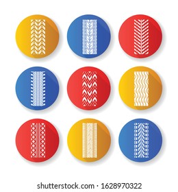 Tire traces flat design long shadow glyph icons set. Detailed automobile, motorcycle, bike tyre marks. Car summer and winter wheel trace. Vehicle tire trail. Silhouette RGB color illustration