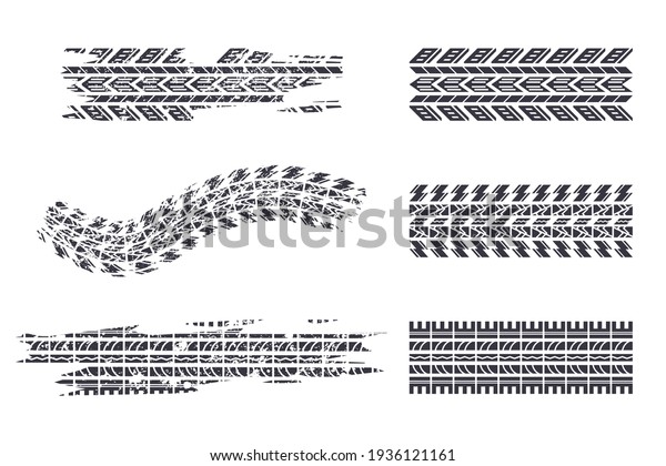 Tire track black silhouettes vector set\
isolated on a white\
background.