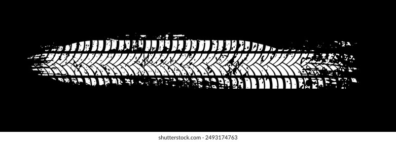 Tire track. Car, bike, motorcycle tyre mark with grunge effect isolated on black background. Wheel footprint on the road. Top view of rubber protector mark.