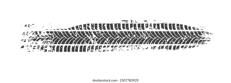 Tire track. Car, bike, motorcycle tyre mark with grunge effect isolated on white background. Wheel footprint on the road. Top view of rubber protector mark.