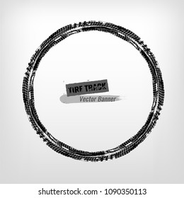 Tire track circle grunge frame. Digital vector illustration. Automotive background element useful for poster, print, flyer, book, brochure and leaflet design. Editable image in monochrome colors.