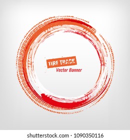 Tire track circle grunge frame. Digital vector illustration. Automotive element useful for poster, print, flyer, book, booklet, brochure and leaflet design. Editable image in orange and red colors.