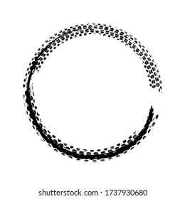 Tire track circle grunge frame. Digital vector illustration. Automotive background element useful for poster, print, flyer, booklet, brochure and leaflet design. Editable image in monochrome colors.