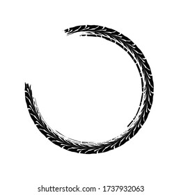 Tire track circle grunge frame. Digital vector illustration. Automotive background element useful for poster, print, flyer, booklet, brochure and leaflet design. Editable image in monochrome colors.