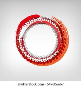 Tire track circle grunge frame. Digital vector illustration. Background element useful for poster, print, flyer, booklet, brochure and leaflet design. Graphic image in white, orange and red colors.