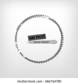 Tire track circle grunge frame. Digital vector illustration. Automotive background element useful for poster, print, flyer, book, booklet, brochure and leaflet design. Editable graphic image.