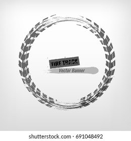 Tire track circle grunge frame. Vector illustration. Automotive background element useful for poster, print, flyer, book, booklet, brochure and leaflet design. Editable image in monochrome colors.