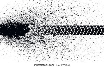 Tire track grunge texture. Spatter of dirt and imprint of car wheel off road.